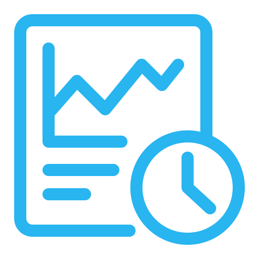 Blue report with graph and clock icon.