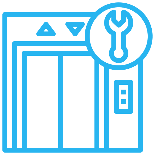 Blue elevator with a wrench icon, indicating maintenance or repair.
