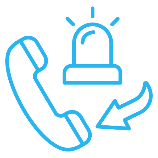 Blue telephone with a siren above, and an arrow pointing to the phone.