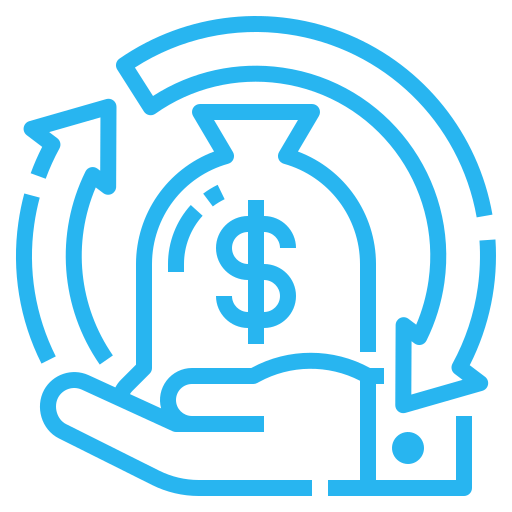 Hand holding money bag with dollar sign, encircled by arrows.