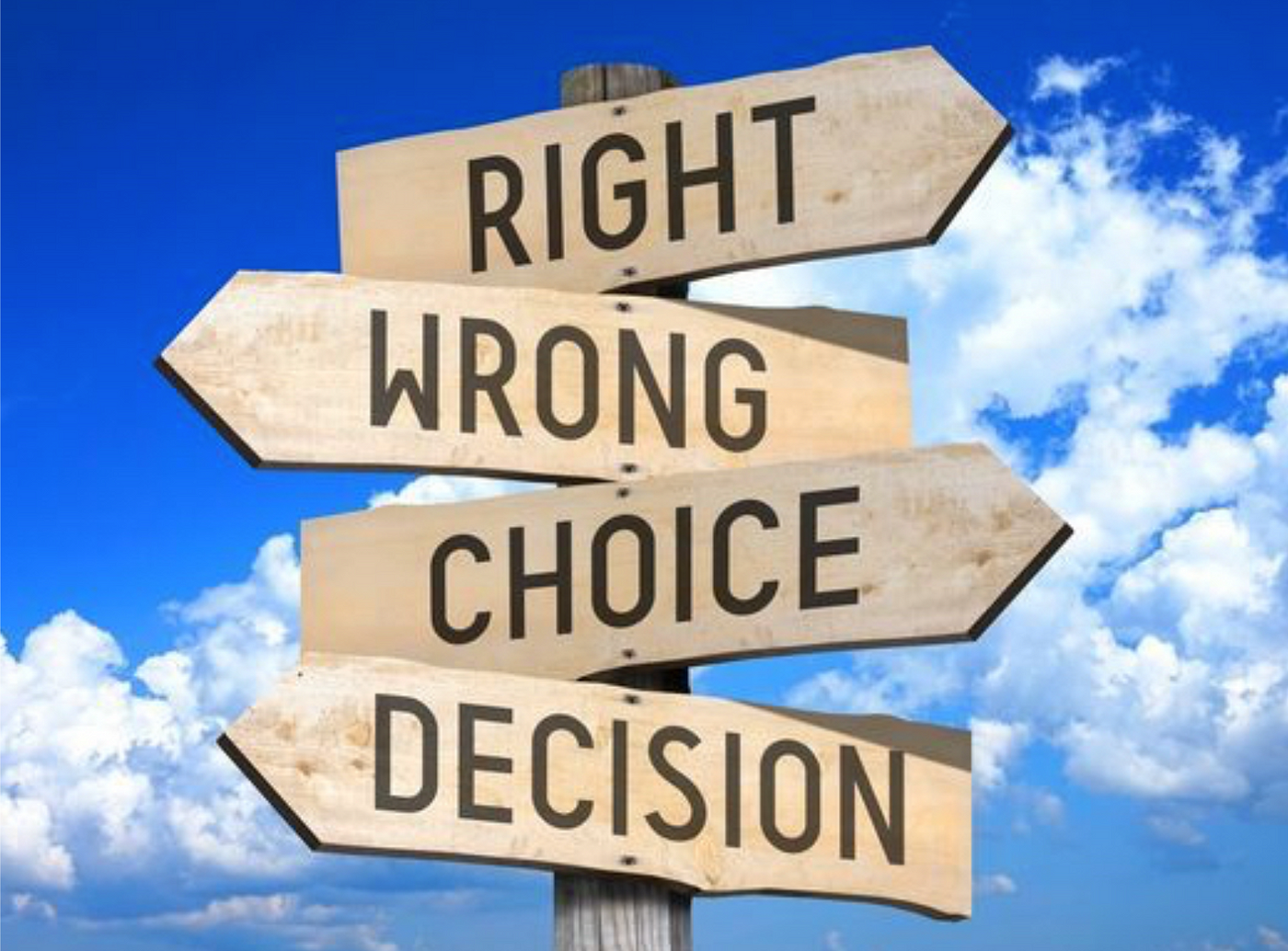Signpost with wooden arrows pointing in different directions, words on arrows: