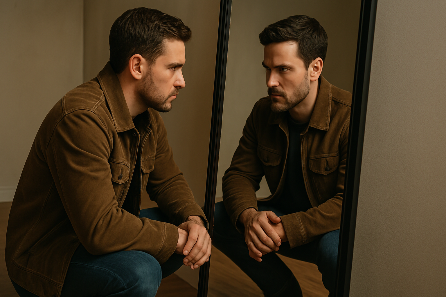 A man is sitting in front of a mirror looking at his reflection.