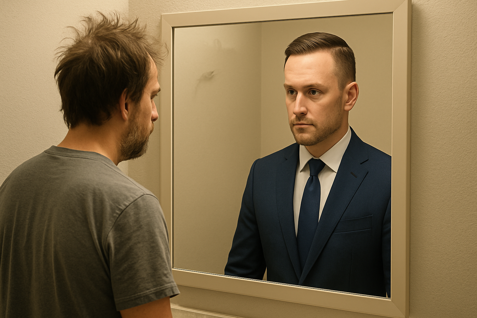 A man in a suit and tie is looking at himself in a mirror.