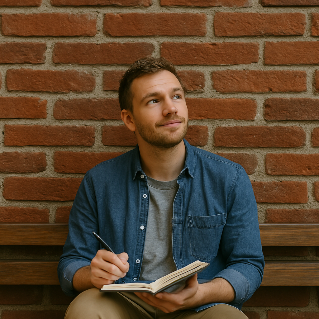 A man is sitting on a bench holding a notebook and a pen.