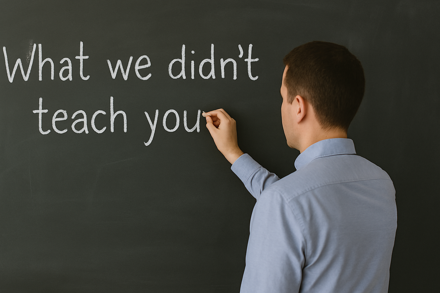 A man is writing on a blackboard that says what we didn 't teach you