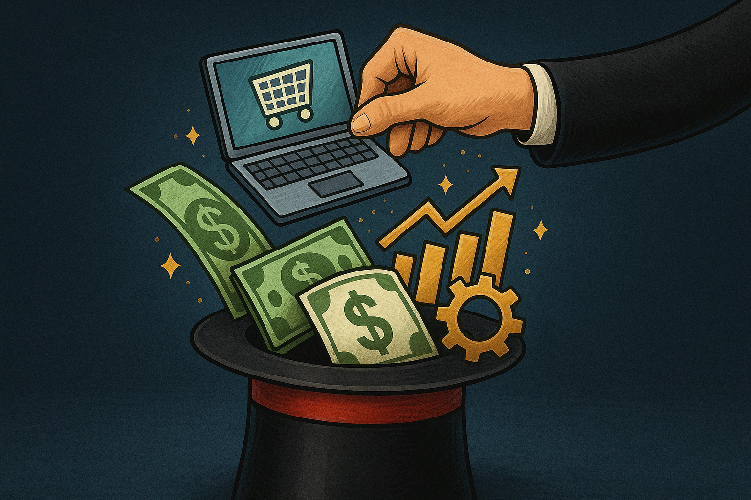 Hand holding laptop with shopping cart icon, money, and growth symbols emerging from a magician's hat.