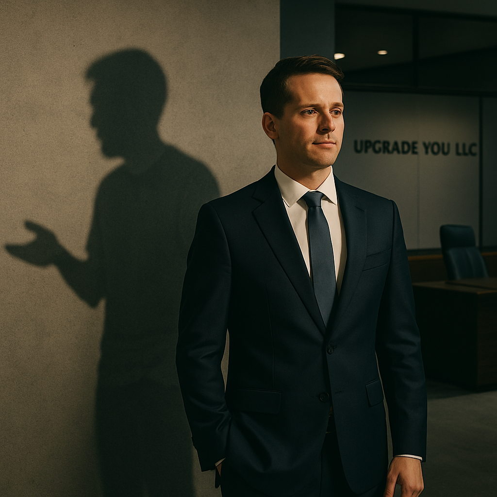 A man in a suit and tie is standing in front of a wall that says upgrade you llc