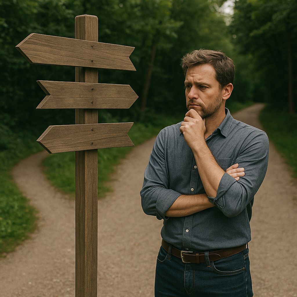 A man is standing on a dirt road in front of a wooden sign.