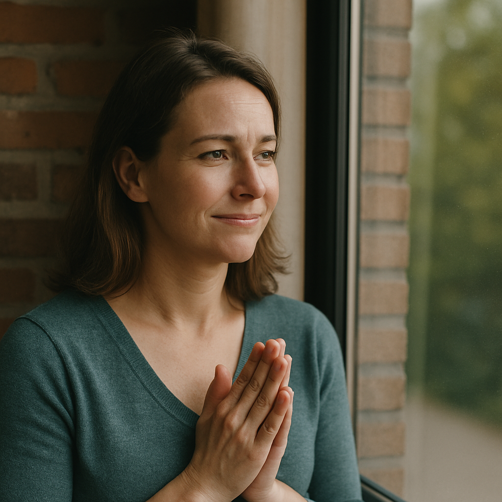 A woman is sitting in front of a window with her hands folded.