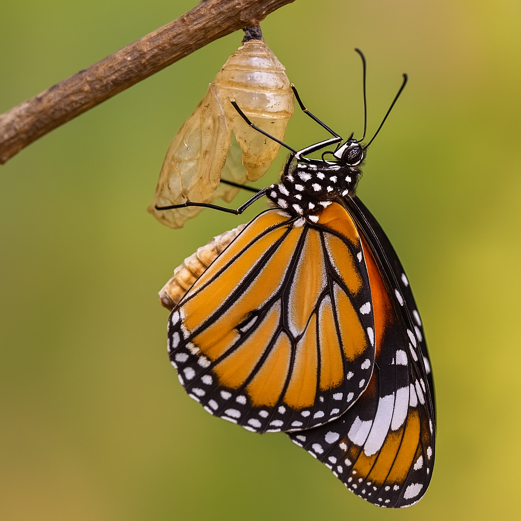 A butterfly is coming out of a chrysalis on a branch