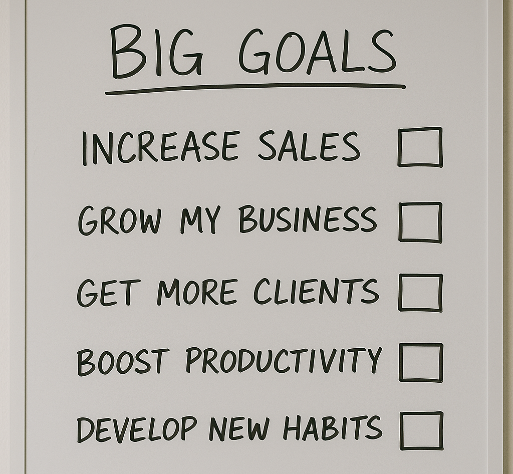 A white board with big goals written on it
