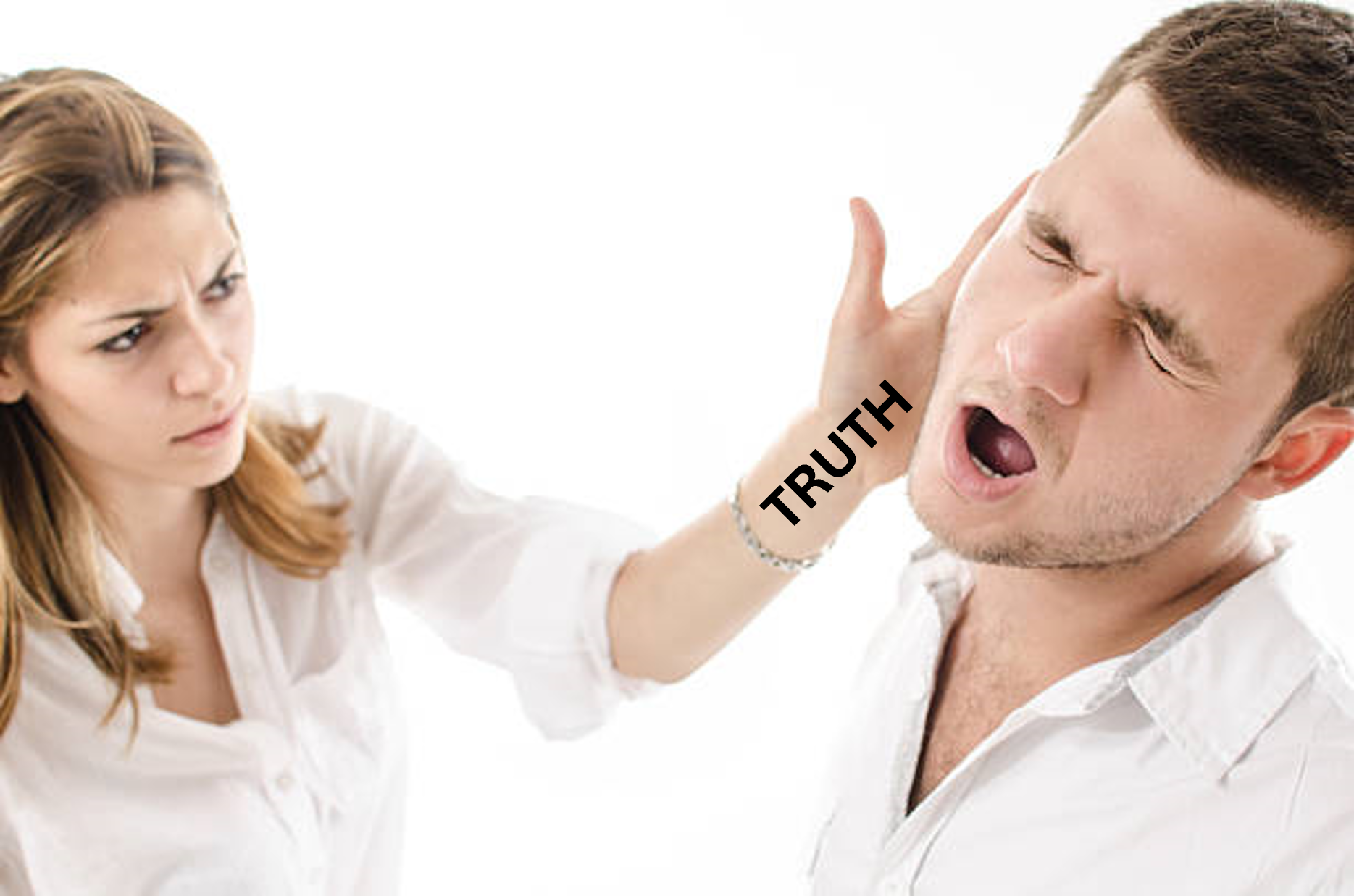 A woman has the word truth written on her arm