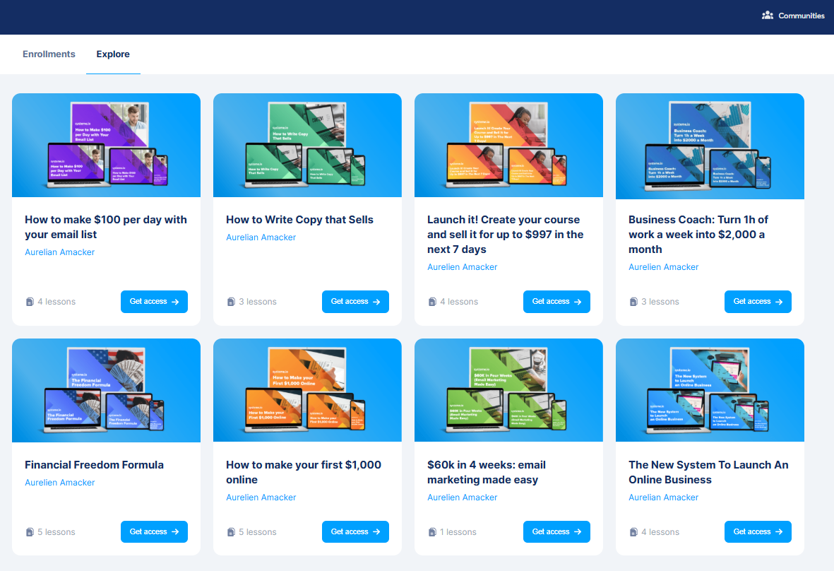 Grid of online courses with colorful thumbnails. Blue, orange, and green dominate the designs.