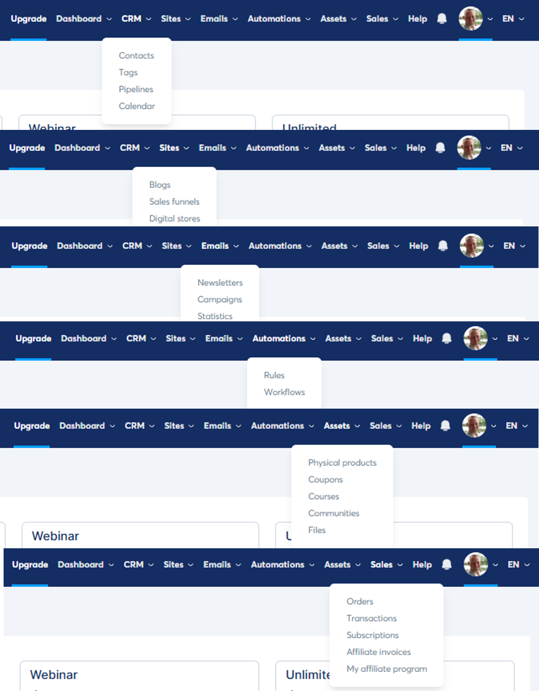 Series of dropdown menus from a navigation bar showing CRM options.