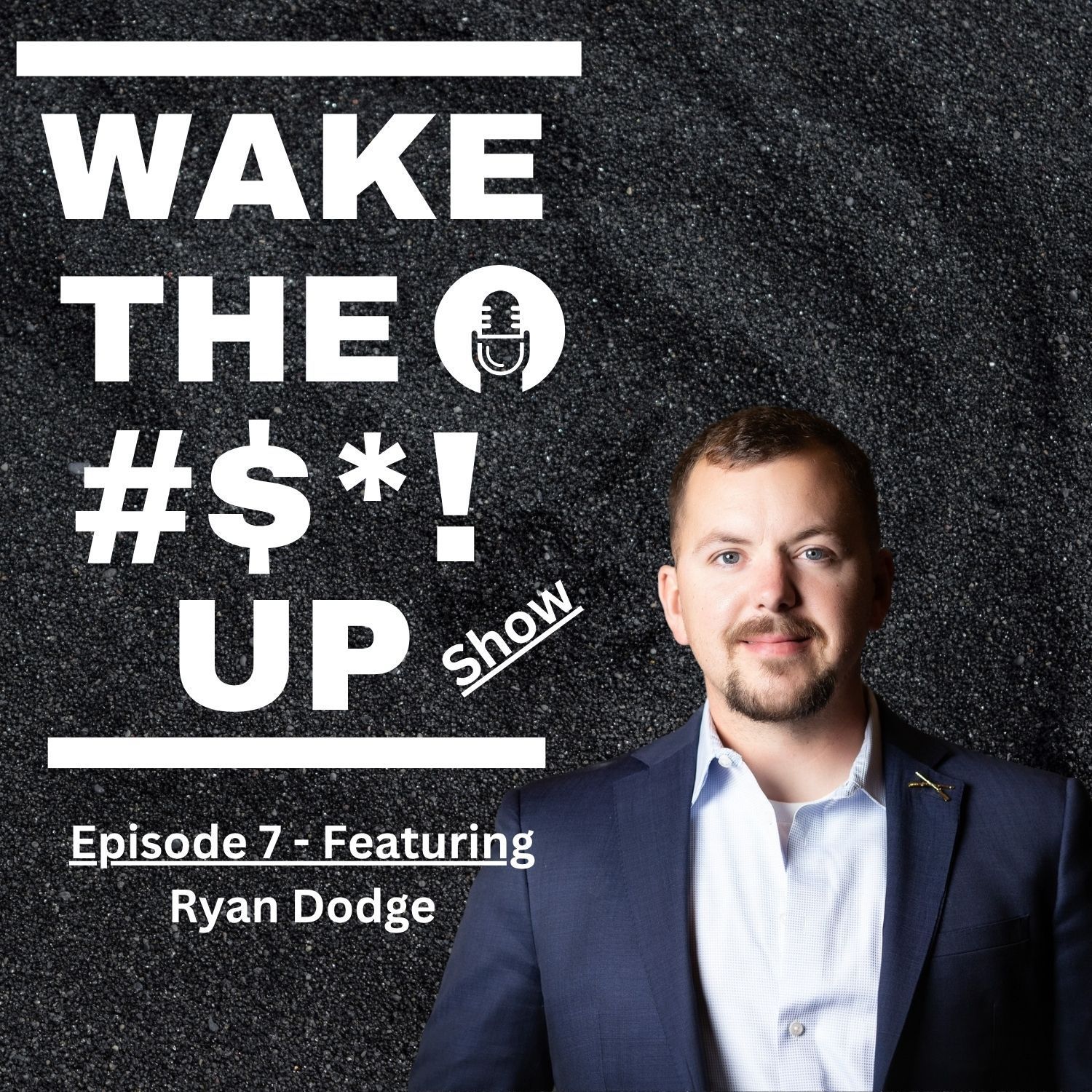Podcast cover: Man in a suit with the words 