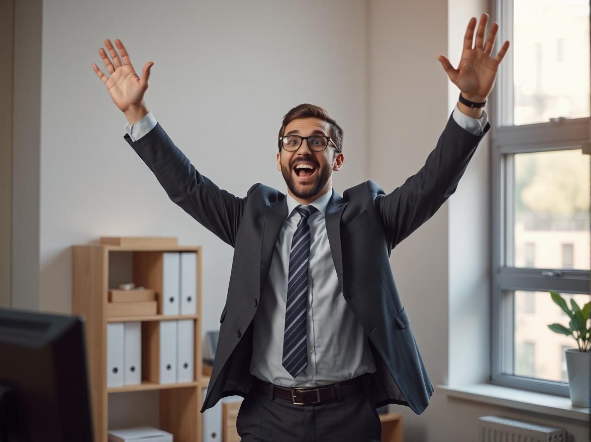 Cheerful man with hands up