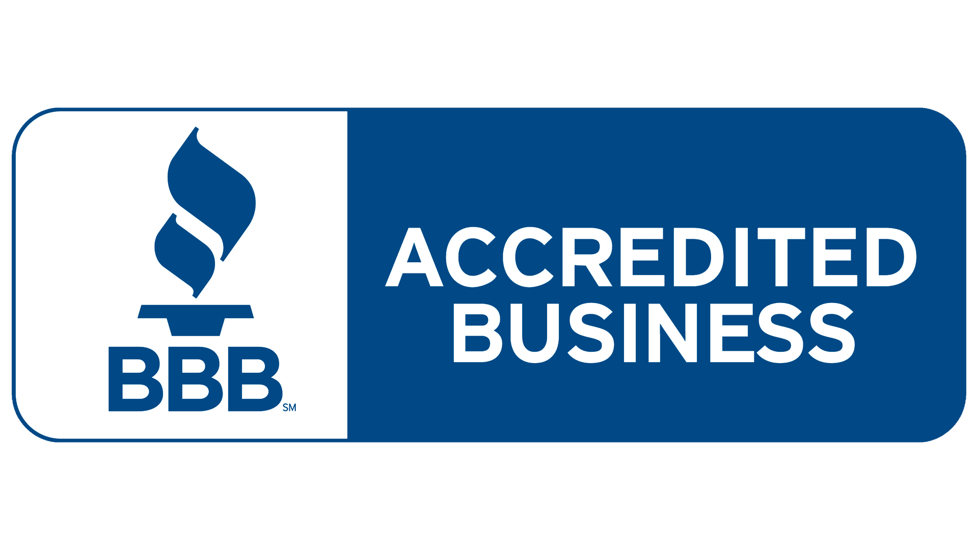 BBB Accredited Business logo, blue and white, with flame symbol and