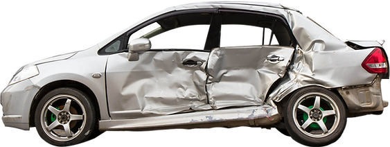 A silver car with a damaged side is on a white background.