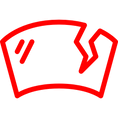 A red icon of a broken windshield on a white background.