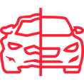 A red line drawing of a car split in half on a white background.