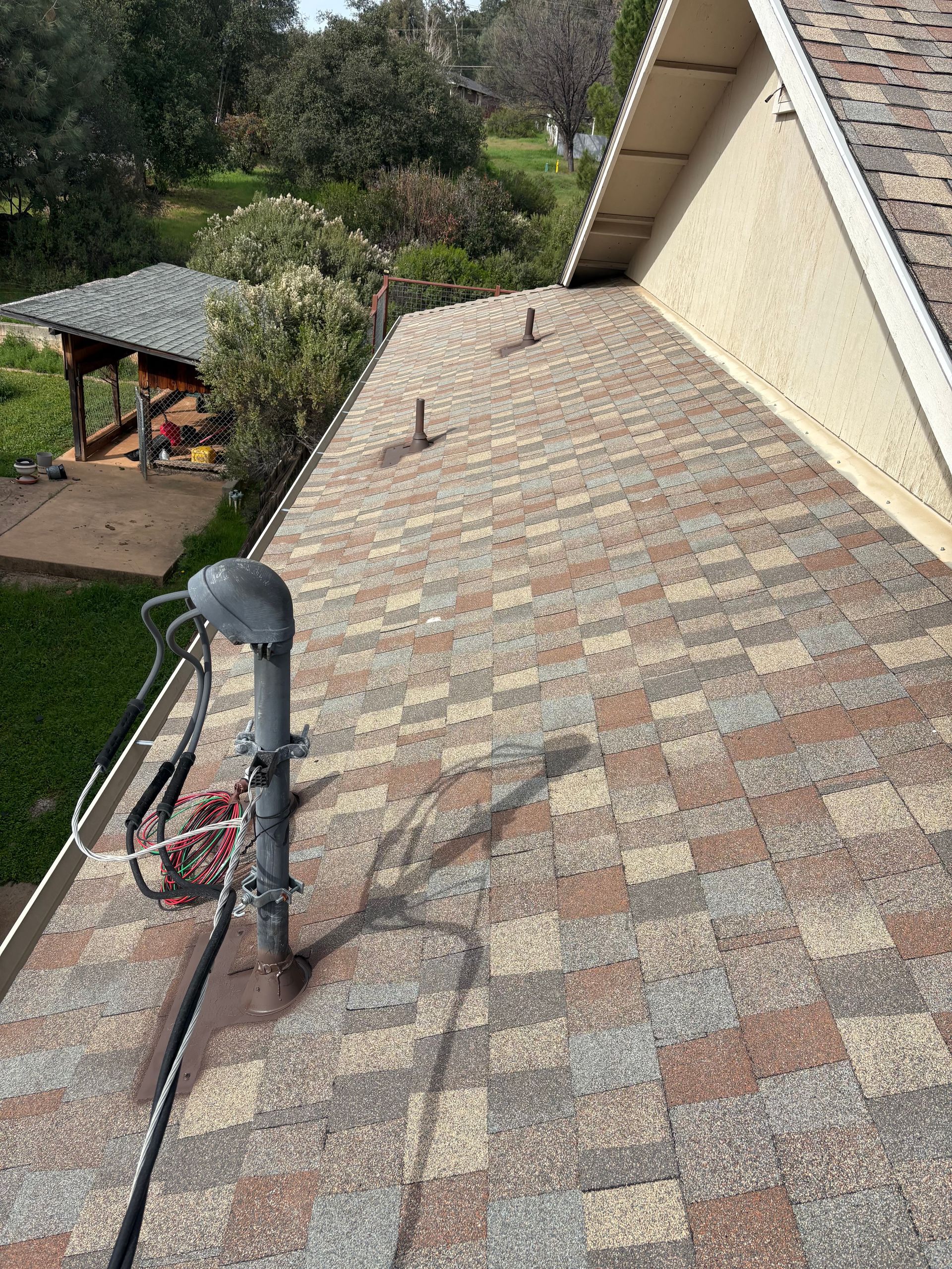 A shingled roof with a satellite dish and vents. Beige, brown, and grey shingles with a green background.