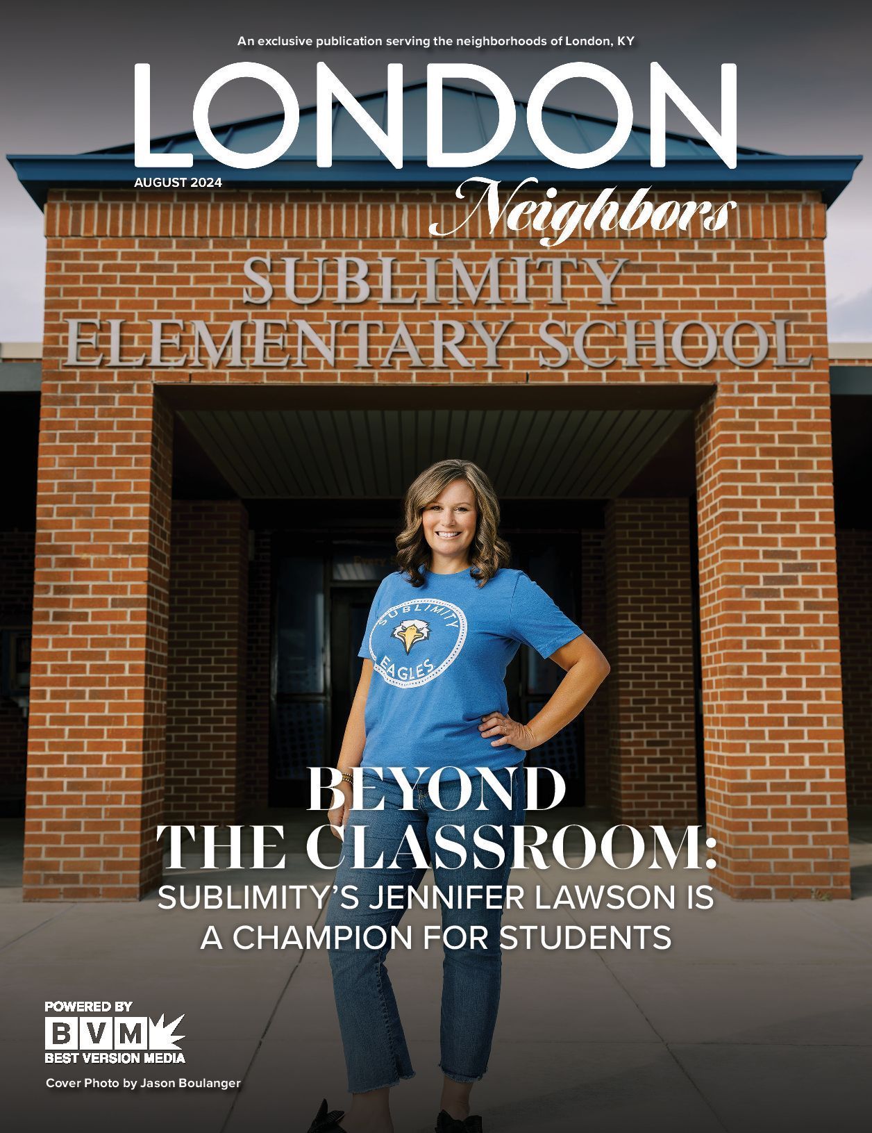 Magazine cover: Jennifer Lawson in front of Sublimity Elementary. Headline: 