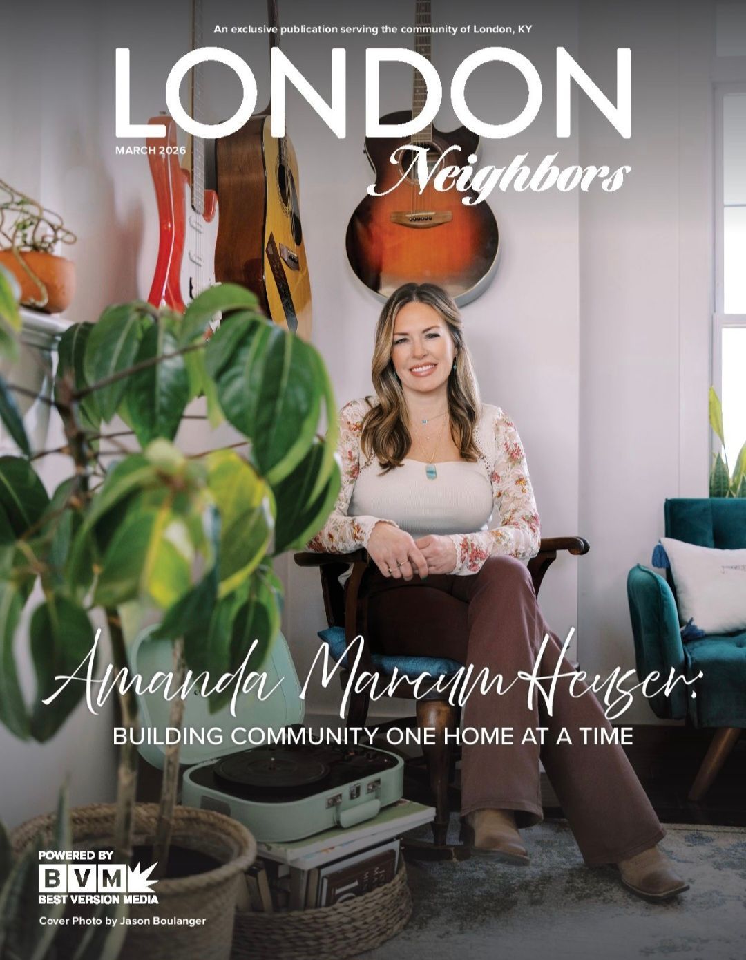 Cover of London Neighbors magazine featuring Amanda Marcum Heuser sitting in a room with guitars and a plant.