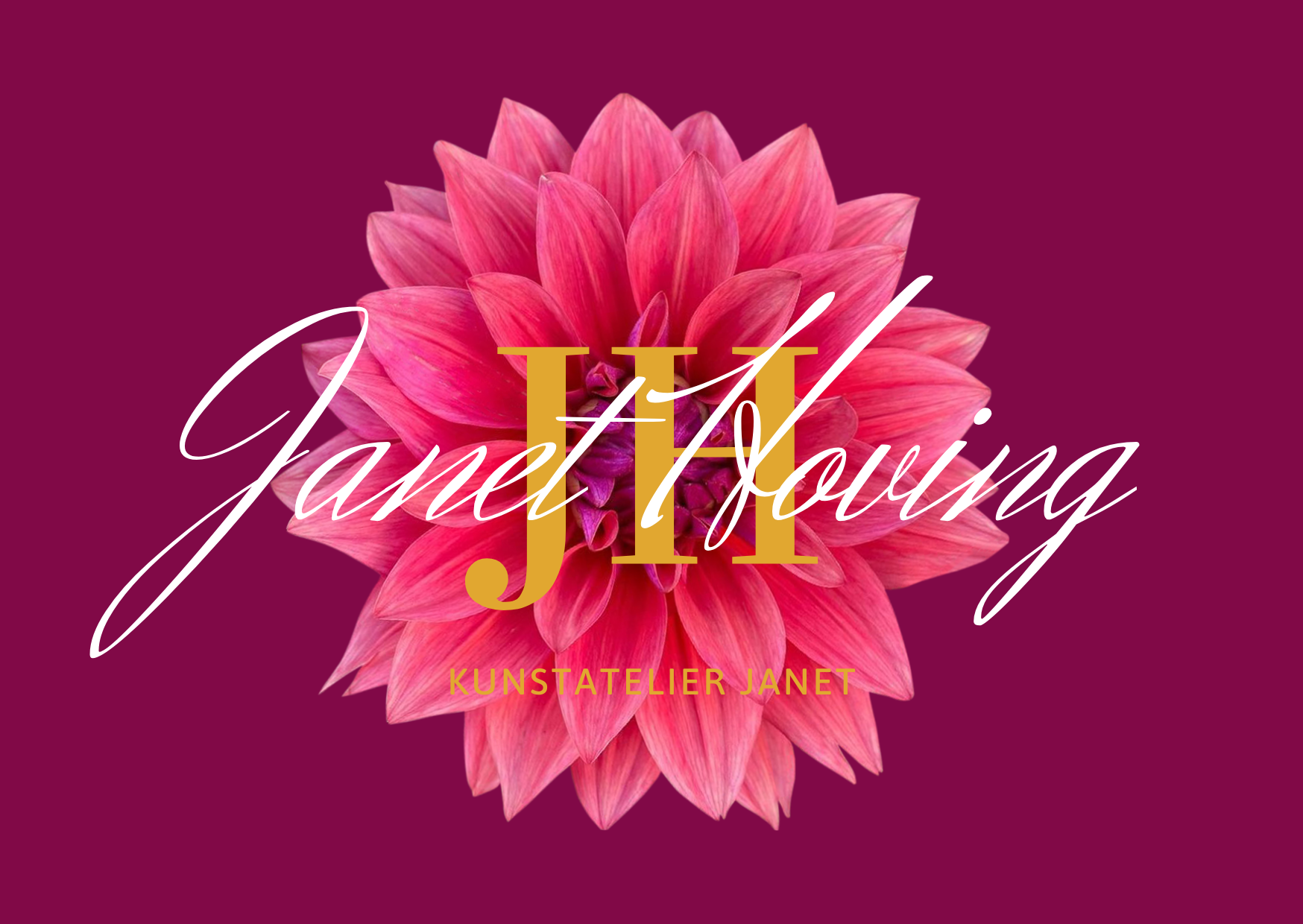 Een felroze dahlia met het gouden monogram JH en de tekst 