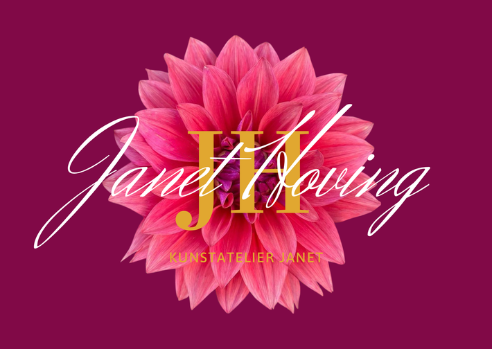 Een logo met een roze dahlia, gouden initialen JH en tekst Janet Hoving en KUNST ATELIER JANET op een bordeaux achtergrond.