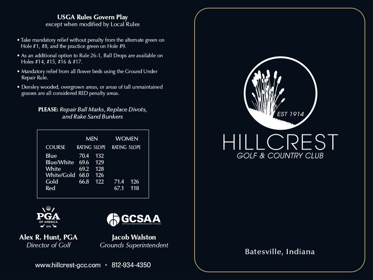 Golf scorecard for Hillcrest Golf & Country Club, showing course ratings and details.
