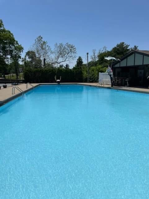 Blue swimming pool on a sunny day, lifeguard stand at the side, trees in the background.