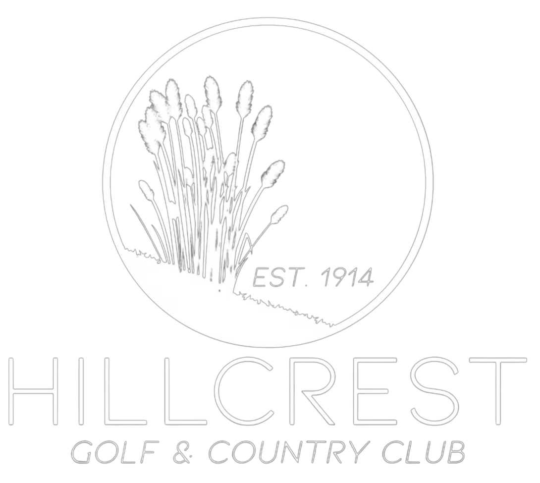 Hillcrest Golf & Country Club logo: white outline of cattails in a circle, with "Hillcrest" and "Golf & Country Club" below.
