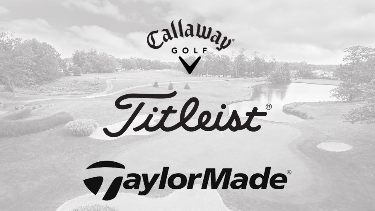 Logos for Callaway Golf, Titleist, and TaylorMade over a golf course.