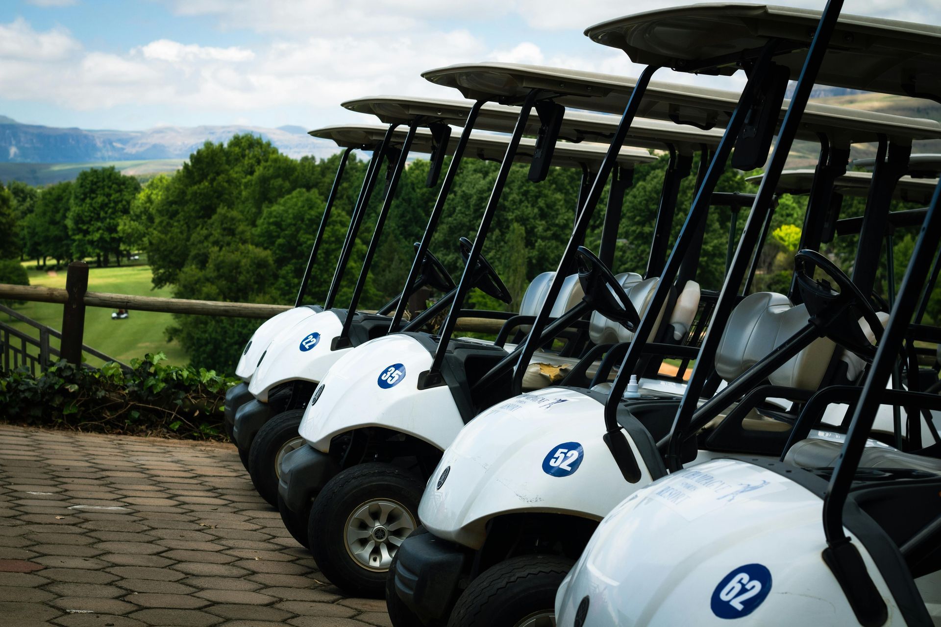Golf carts lined up on a brick path, overlooking a golf course with trees and mountains in the background.