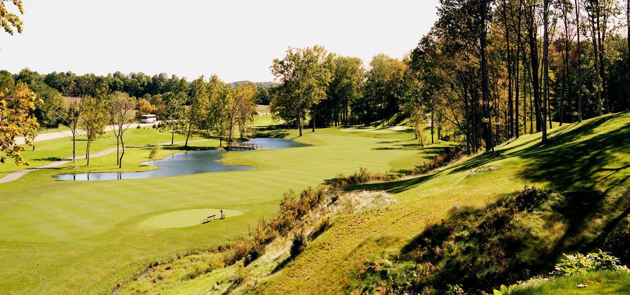 Green golf course with trees and ponds on a sunny day.