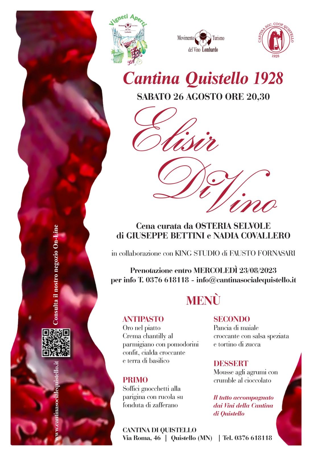 Un menu per un ristorante chiamato cantina quistello 1928