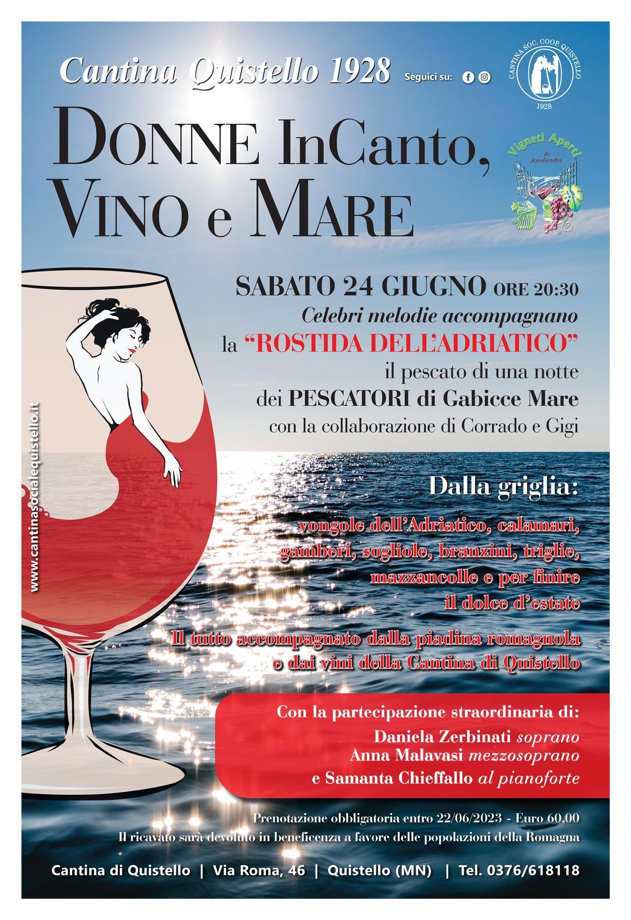 Un poster con una donna vestita di rosso in un bicchiere di vino