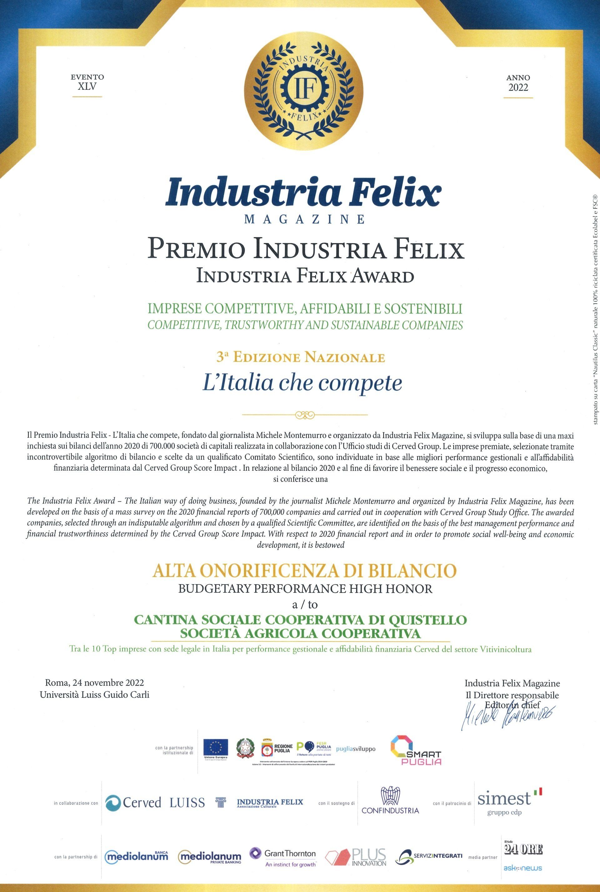 È un certificato che dice industria felix.