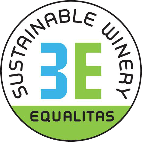 Il logo dell'azienda vinicola sostenibile equitas è un cerchio verde e blu con la scritta 