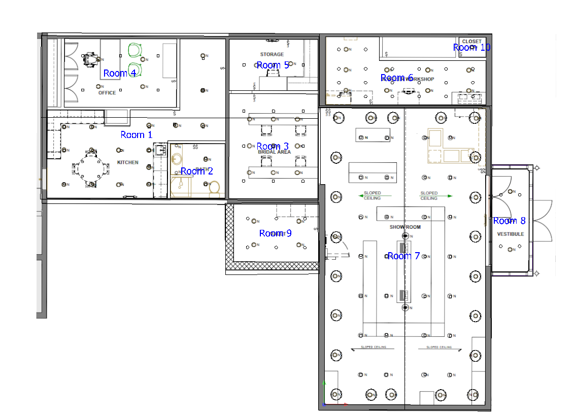 Architectural floor plan showing the layout, room labels, and electrical lighting placement for a multi-room building.