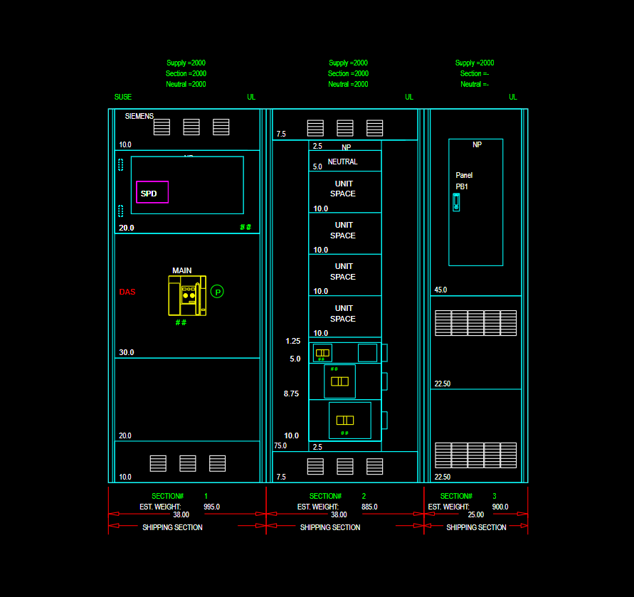 An electrical switchboard schematic showing three distinct vertical sections with labeled components and dimensions.