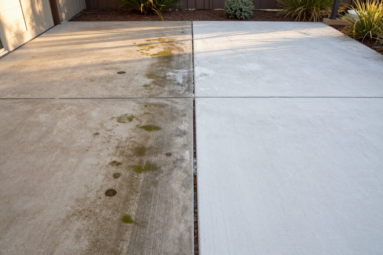Before and after pressure washing results on a concrete patio surface in Austin, TX.