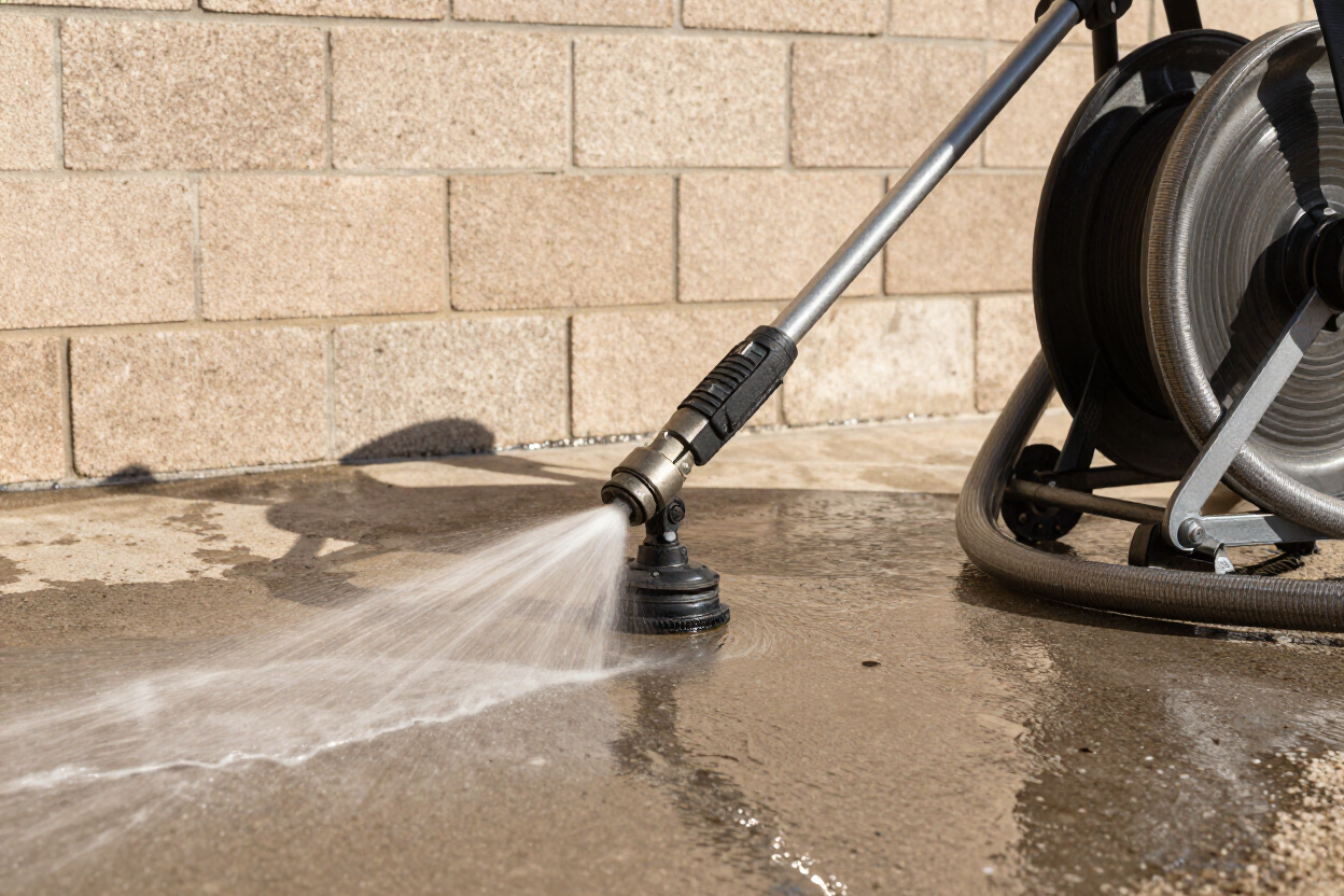 commercial pressure washing equipment in use on concrete surface in Austin TX
