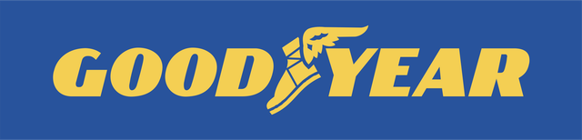 A blue and yellow Good Year logo on a white background