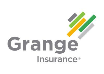 Grange Insurance logo with gray text and diagonal green, yellow, and gray bars