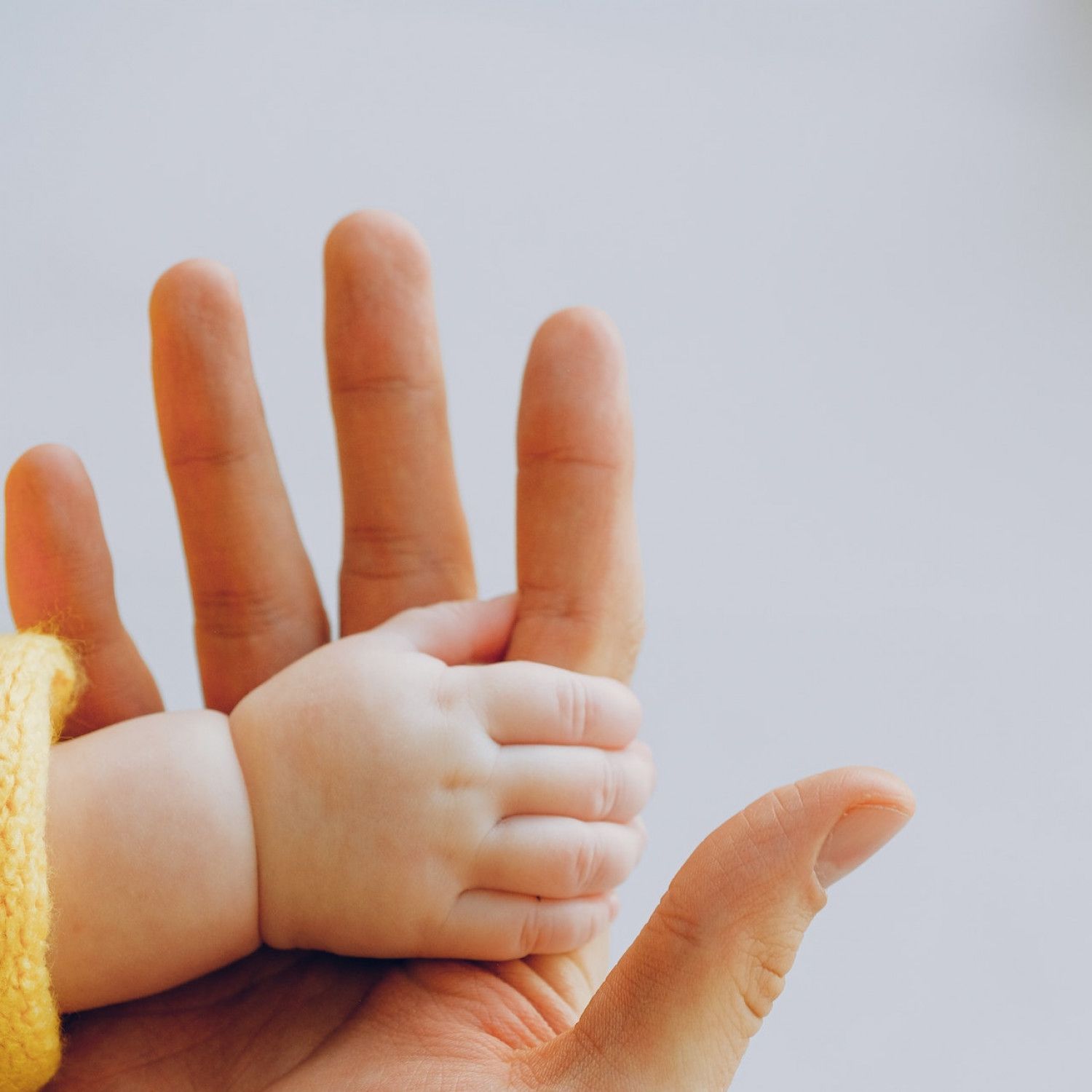 Adult hand holding a baby’s hand, close-up on a light background.