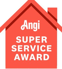 Angi Super Service Award logo: red house shape with white text