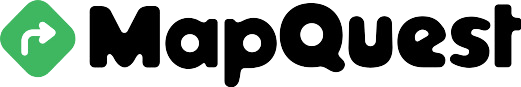 MapQuest logo. Green diamond with white right-turn arrow, followed by