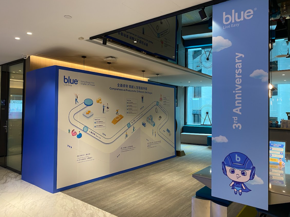 Blue Factory 辦公室內部慶祝成立 3 週年，展示了橫幅和插圖時間軸。