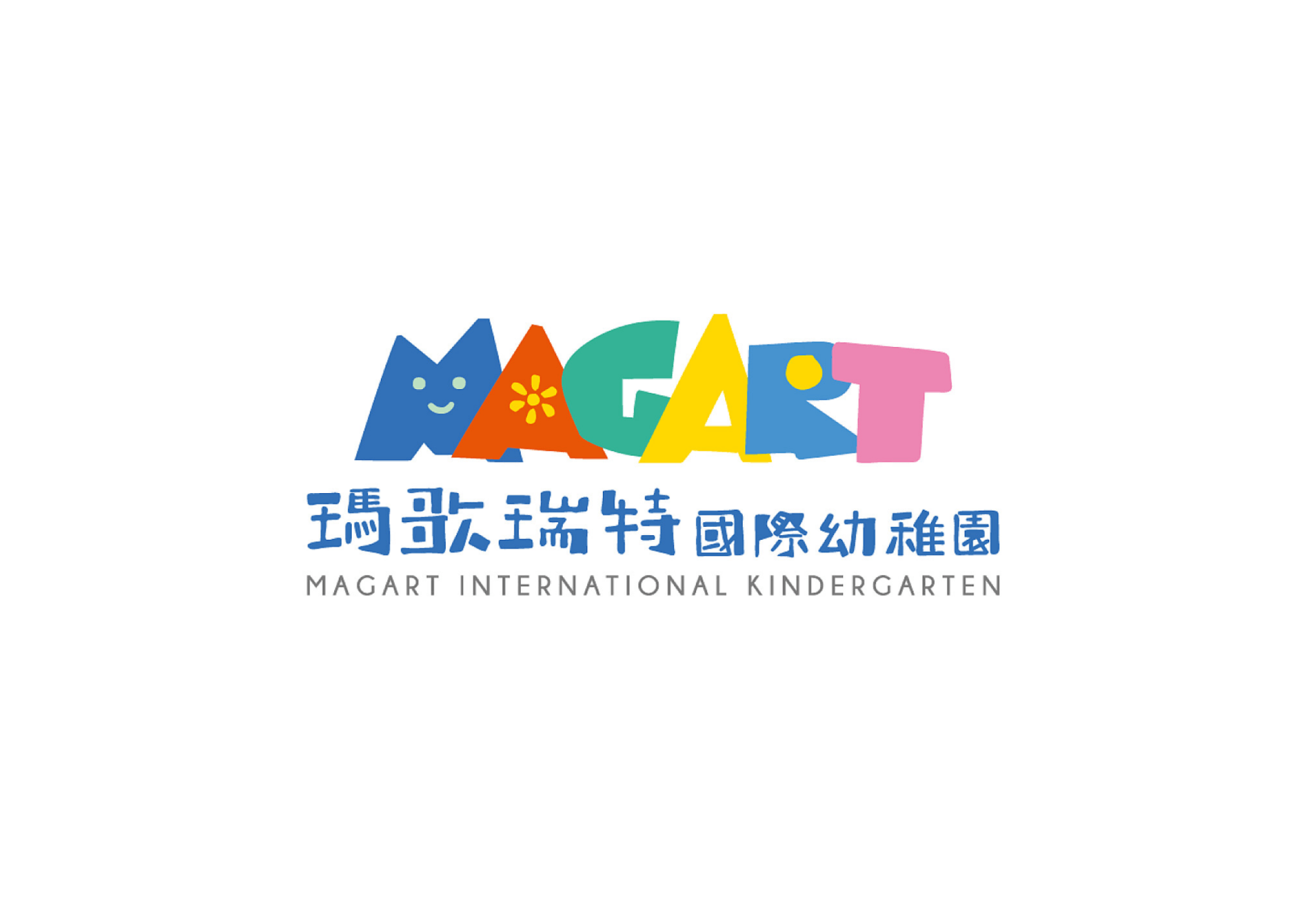 Logo for MAGART International Kindergarten, colorful letters with a smiley face in